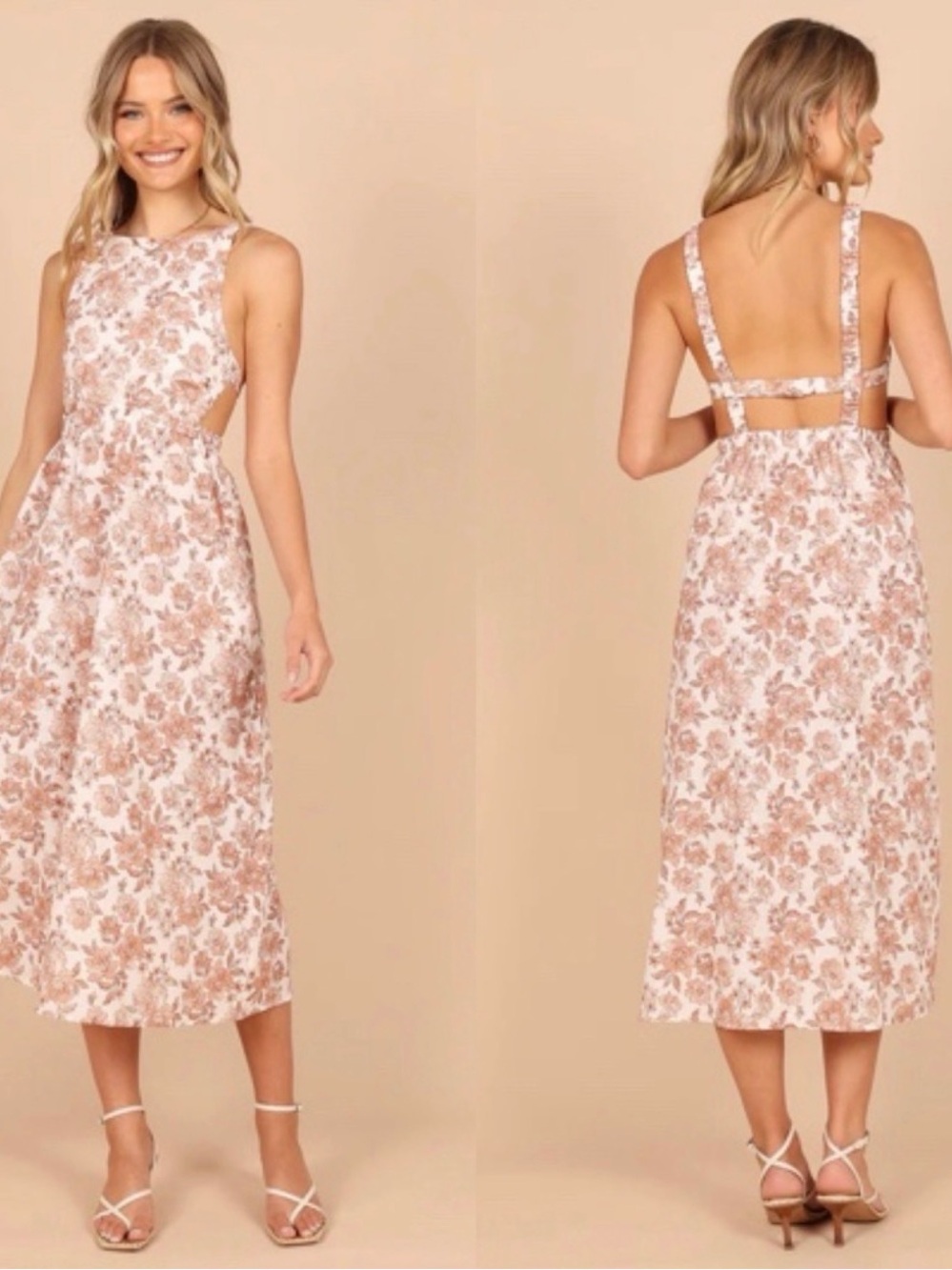 Petal & Pup Tan Floral Printed Aubrey Cutout Open Back Midi Dress Size 2 - Picture 2 of 6